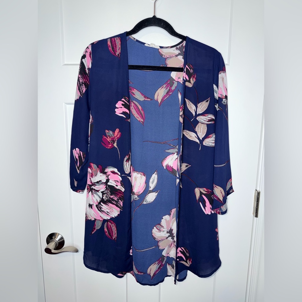 Navy Floral Print Semi Sheer 3/4 Sleeve Open Cardigan